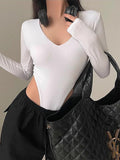 Spice Girl Sexy V-Neck Elastic Tightness Showing Lean Long Sleeves Solid-Colored Bottoming T-Shirt Blouse Woman 2025 Spring And Autumn