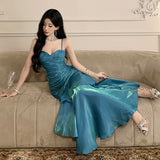 Shiny Blue High-End Birthday Dress Niche Sling Dress With Body Fishtail Dress Temperament Long Dress