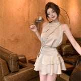 Sleeveless Hanging Neck Vest Top Women's Summer Gold-Sensitive Set Lotus Leaf Cake Half-Dress Short Skirt Temperament Two-Set