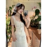 Gentle Style Suit Women's Summer Sweet Spicy Lace Sling Vest Super Fairy Long Dress White Dress Two-Piece