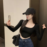 Small Tight Long-Sleeved Design Feel Bottom-Up Shirt Open Pavelette Wearing Hot Girl Short Top Girl Spring And Autumn Kaqi Color T-Shirt