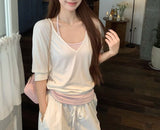 V-Neck Thin Loose Short-Sleeved Bat Sleeve T-Shirt For Women's Summer Striped Hanging Neck Sling Vest Two-Piece Top