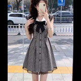 Black And White Lattice Flying Sleeve Academy Style Dress Women Summer Lace Splicing Loose Thin A Skirt Short Skirt
