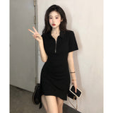 Sweet Babes Wind Polo Collar Dress Women's Summer 2025 New Irregular Design Short Dress Korean Style
