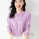 Wool Blending 2026 Autumn And Winter New Lady Loose Round Neck Stripe Short-Singed Knitted Sweater