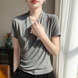Fine Spinning Lyselle 2026 Spring And Summer Women's New Short-Style V-Neck Solid Color Cross-Temple Fashion Short-Sleeved T-Shirt