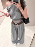 Korean Slanted Shoulder Leisure Sportswear Suit Women's Summer Age Reduction Waist Short-Sleeved Top High-Waist Broad Leg Pants Two Sets