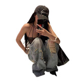 Vintage Do Old Hottie Street Style Loose Straight Trousers Trend New Hole Grinding Scars Denim Trousers Woman
