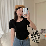 Positive Shoulder Short-Sleeved T-Shirt Women Simple Design Sense Of Summer Pure Wind Irregular Square Collar Showing Thin Sweet Short Blouse