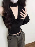 Pure Hot Girl Out-To-Shoulder V-Neck Hollow Bottom Shirt Autumn New Wasteland Black Long-Sleeved T-Shirt Short Top Tide