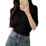 Knitted Women's 2026 New Summer Black Round Collar Design Feeling Short-Sleeved Blouse Temperament Loose Short