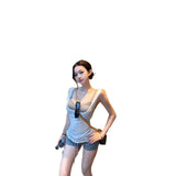 White Micro-Permeable T-Shirt Folded With Bra Slings Women's Summer Sports Kit Kit Hip Shorts Thin Three-Piece Set