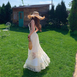French Seaside Holiday Atmosphere Pure Romantic Lace Sling Vest Women Tied Long Skirt Two Sets