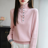 Wool Blending 2026 Autumn And Winter New Lady Loose Semi-High-Collar French Style Hit-And-Fleet Two-Piece Bottom Knitting Shirt
