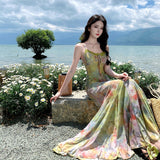 French Holiday Wind Seaside Photo Dizzling Elastic Net Yarn Thin Fishtail Hanging Dress To Collect The Waist And Hip Dress