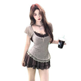 Large-Size Fat MM French Retro Lace Splicing Sling T-Shirt For Women's Summer New High-Rise Slimming Skirt Set