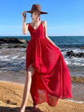 Holiday Dress Red Super Fairy Beach Dress Dress Dress Flowing Sanya Travel Wearing Temperament Bare Back Sling Skirt