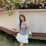 Sweet And Spicy Wind Splicing Lace Side Shoulder T-Shirt Girl 2025 Summer New Letter Print Short-Sleeved Top