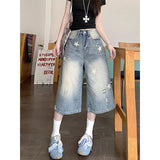 Vintage Personality To Do Old Star Print Denim Shorts Women Summer Thin High-Waisted Loose Broad-Legged Seven-Pointed Trousers