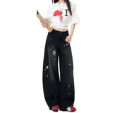 Black Star Print Wide-Legged Scissors Jeans Women Autumn New Niche Design Sense Loose Water Wash Trousers