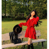 Bohemian Costume Dress Girl Yunnan Dali Tourism To Take Pictures Of The National Wind Red Long-Sleeved Top Skirt Set