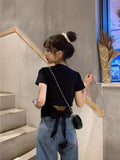 Design Sense Short-Sleeved T-Shirt Women's Summer 2025 New Korean Version Of Pure-Bout Hot Girl Bare Back Bow Short Top Tide