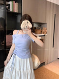 Design-Sense Collared Bare Shoulder Drawstring Top Women's Summer New Slimming Niche Small Collection Thin Short-Sleeved T-Shirt