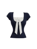Crash Color Fake Two-Piece Collar Short-Sleeved T-Shirt Girl Summer Sweet Spicy Storm Point Splicing Bows To Reduce The Age Of Thin Tops