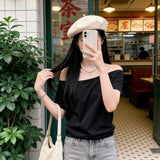 Lazy Wind Out Of The Shoulder Short-Sleeved T-Shirts In The Summer Pure Babes Design Sense Of A Small Loose Collar On The Shoulder
