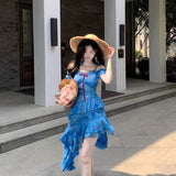 French Temperament Seaside Resort Dress Women's Summer 2025 New Blue Floral Irregular Design Long Dress