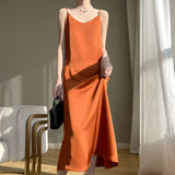 Silk Satin 2026 Spring And Summer New Women's V-Neck Long Dress Solid Color Temperament Adjustable Long Dress Sleeveless Sleeveless Sling