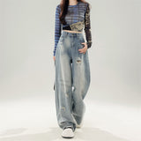 Nostalgic Retro Worn Broad-Legged Jeans Women's Trend New High-Waist Loose-Hanging Mop Trousers