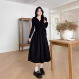 Large-Size Micro-Fat Mm Early Autumn New High-Waisted V-Neck Black Dress Female Korean Version Of Fashion Hepburn Style A Word Long Dress
