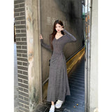 Korean Gray Shawl V-Necked Long-Sleeved Dress Women's New Bag-Groomed And Long-Sleeved Dress In Spring And Autumn Winter