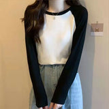 Long-Sleeved T-Shirt Women's Spring New Korean Version Of The Collage Splicing Round Collar Bottom Jersey Fat MM Large Size Women's Loose Top Tide