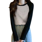 Long-Sleeved T-Shirt Women's Spring New Korean Version Of The Collage Splicing Round Collar Bottom Jersey Fat MM Large Size Women's Loose Top Tide