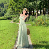 French Holiday Wind Mint Green Crumid Hanging Dress Female Summer Lotus Leaf Side Waist Design Super Fairy Temperament Dress