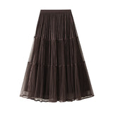Fashion Splicing Hundred Fold Mesh Velvet Dress Women Autumn And Winter New High-Rise Thin A-Sword Skirt Mid-Long 5202