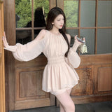 French Gentle Shoulder Long Sleeves To Close Waist Chiffon Shirt Women Summer Sweet Suit Casual Straight Shorts Two-Piece Set