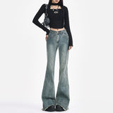 Vintage Design With Hair-Side Micro-Horn Jeans Women Autumn And Winter Low-Rise Hottie Splicing Elastic Trousers