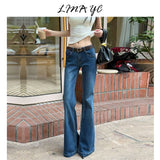 Deep Blue Low-Waisted Micro-Horn Jeans Women Autumn New Small Man Without Legs Elastic Hottie Straight Trumpet Trousers