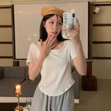 Positive Shoulder Short-Sleeved T-Shirt Women Simple Design Sense Of Summer Pure Wind Irregular Square Collar Showing Thin Sweet Short Blouse