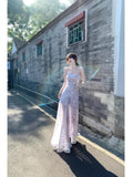 French Gentle Temperament Blue Broken Flower Sling Dress Seaside Holiday Beautiful Unique Waist A Word Long Skirt