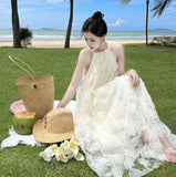 French Hanging Neck Dress High-End Embroidery Flower Skirt Fairy Super Fairy Seaside Vacation Dress