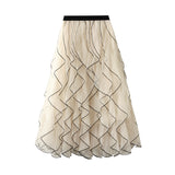 Autumn New Wavy Fairy Mesh Yarn Leaf Side Skirt High Waist A-Word Swing Dress Women's Half-Dress 0961