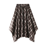 French Retro Check-In Irregular Half-Dress Women's Autumn Drawstring Tie High-Waisted Wrinkle Skirt 5017