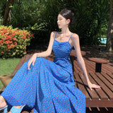 Broken Flowers Blue Hanging Dress Women's Summer Pure Lust Wind High Backs Thin Hottie Dress Seaside Photo Clothes