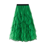 Autumn New Wavy Fairy Mesh Yarn Leaf Side Skirt High Waist A-Word Swing Dress Women's Half-Dress 0961