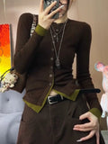 Spice Girls Splicing Long-Sleeved T-Shirts For Women's Spring And Autumn New Slim Design Feel Bumpy Color Blouses