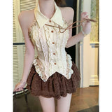 Summer Slimming Design Pure Lusty Sweet Sleeveless Hanging Neck Shirt Top + Half-Dress Skirt Set Woman